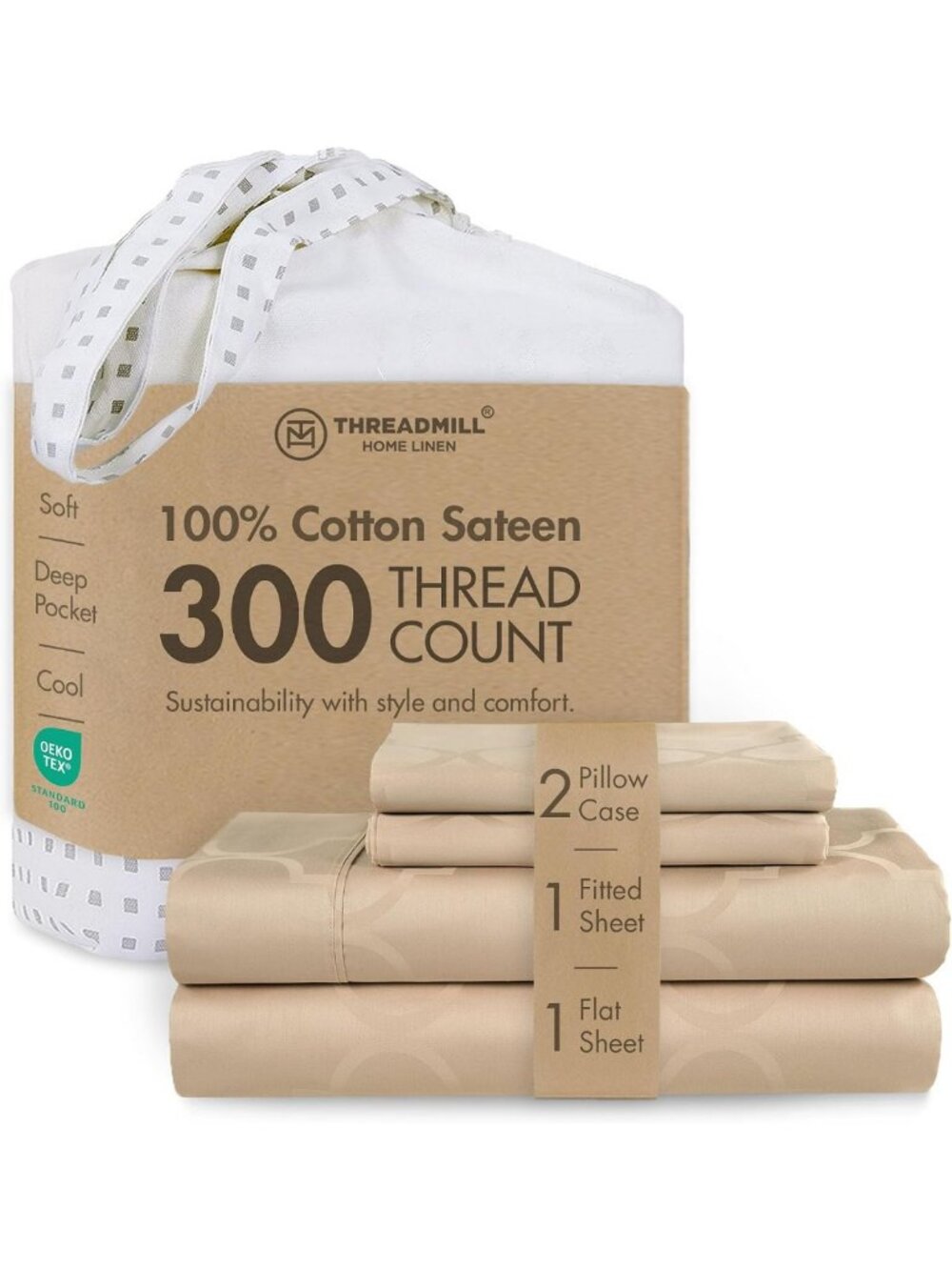 Luxurious 300 Thread Count Cotton Queen Sheet Set, Jacquard Design, Light Beige